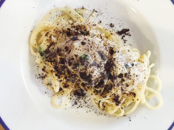 Spaghetti with Lemon, coffee and Tuna at Trippa restaurant in Milan