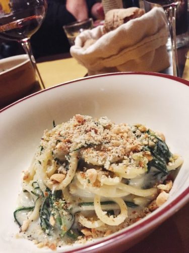 Spaghetti with gorgonzola, agretti and hazelnut at Trippa restaurant in Milan